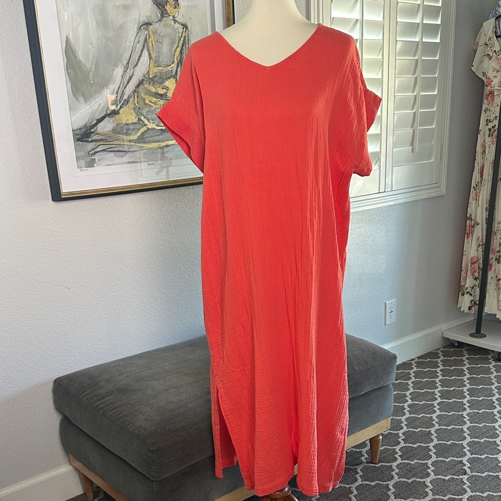 Eileen Fisher Organic Cotton Gauze V-Neck Dress in Coral